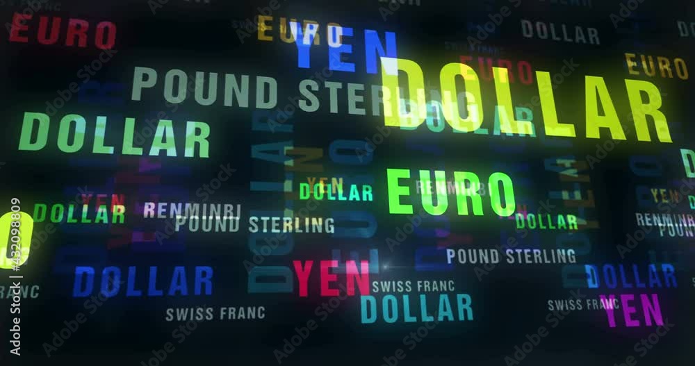 Currency dollar, euro and Yen abstract loop concept. pound sterling, swiss franc and renminbi text. Seamless, endless and looping 3d words animation. Currency dollar, euro and Yen abstract loop concept. pound sterling, swiss franc and renminbi text. Seamless, endless and looping 3d words animation.