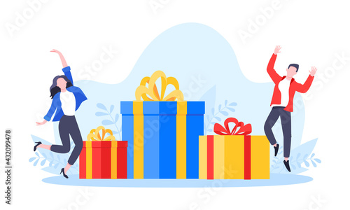 Earn loyalty program points, get online reward and gifts. Get loyalty card and customer service business concept flat design vector illustration. Tiny people with big gift boxes.