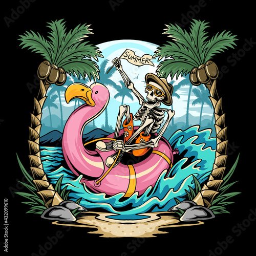 skulls on flamingos floats on the beach during summer parties filled with coconut trees