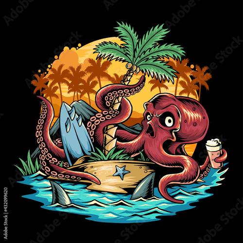 octopus bringing beer at a summer party under a coconut tree in the middle of the beach