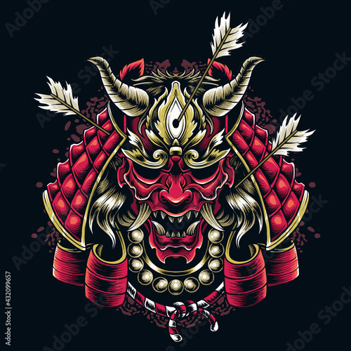 Japanese samurai mask shot by arrows, Japanese culture and traditions