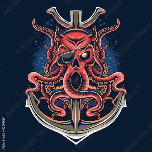 pirate octopus with a one-eyed skull face
