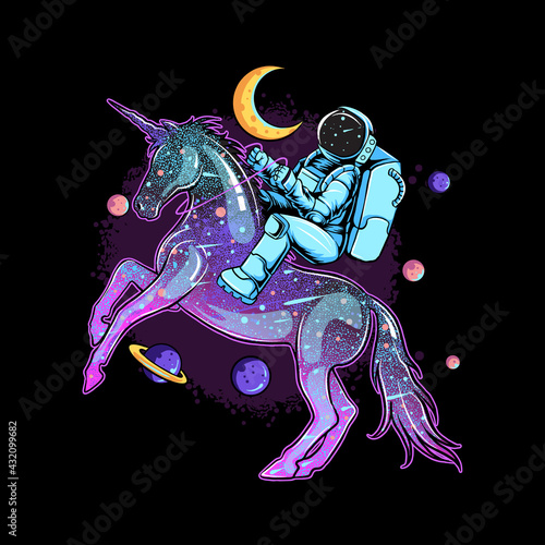 Astronauts ride on a space unicorn horse that comes from a soap balloon between the planets and the stars