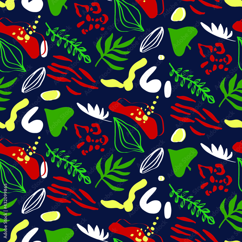 Fototapeta premium Abstract Hand Drawing Geometric Leaves and Mixed Animal Skins Repeating Vector Pattern Isolated Background
