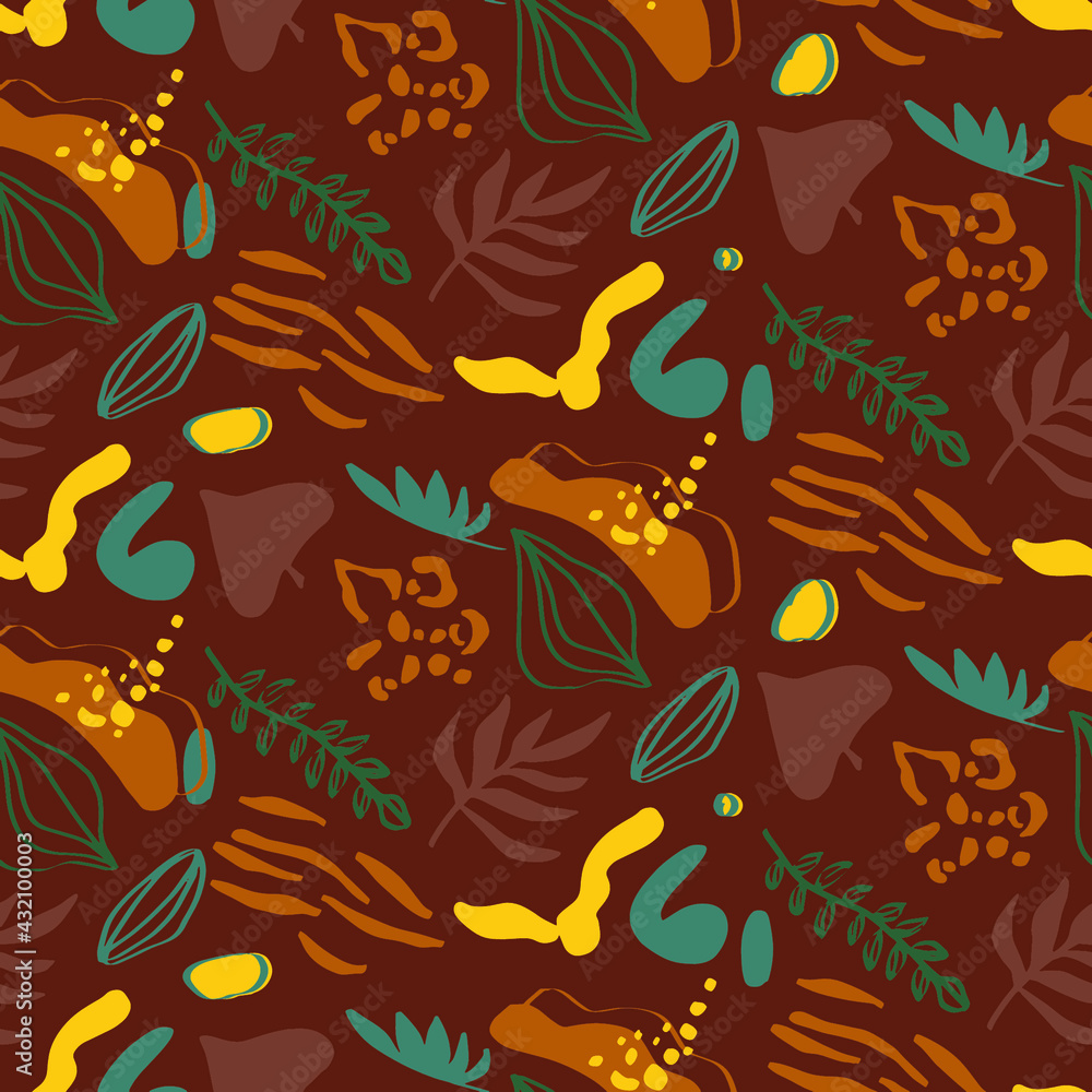 Naklejka premium Abstract Hand Drawing Geometric Leaves and Mixed Animal Skins Repeating Vector Pattern Isolated Background