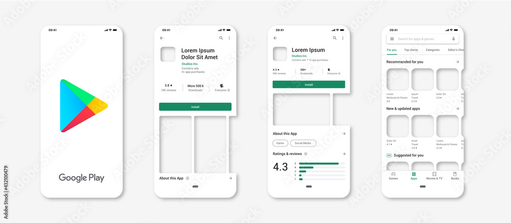 Template Google Play Store mobile interface application. Isolated Google  play store template: install, rate, review, description, downloadn.  Editable text and empty images. Vector illustration. vector de Stock |  Adobe Stock