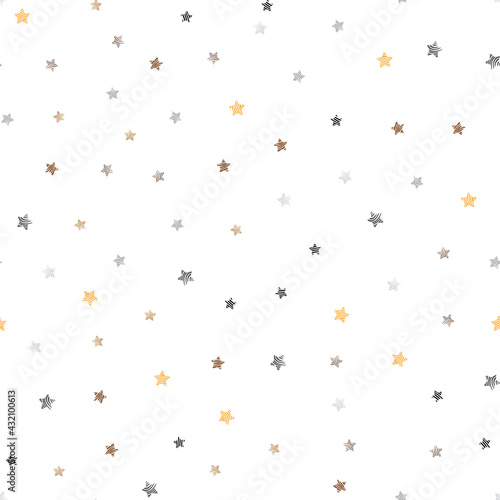 Cute festive background with gold falling stars. Holiday seamless pattern. Ornament for gift wrapping paper, fabric, clothes, textile, surface textures, scrapbook. Christmas star. Vector illustration.