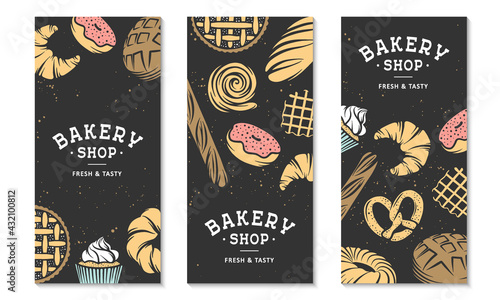 Set of 3 bakery flyers or brochure. Typography advertising design with bread, pastry, pie, buns, sweets, cupcake. Collection of modern linear graphic design vertical banner template. Bakery shop.