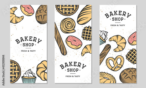 Set of 3 bakery flyers or brochure. Typography advertising design with bread, pastry, pie, buns, sweets, cupcake. Collection of modern linear graphic design vertical banner template. Bakery shop.