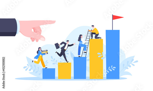 Business mentor helps to improve career and holding stairs steps vector illustration. Mentorship, upskills and self development strategy flat style design business concept.