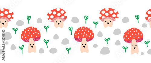 Seamless vector border cute toadstools. Cute horizontal repeating kids pattern mushroom fungi with smiling faces. Surface pattern design for fabric trim, kids, children decor, footer, card decor.