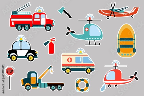 Lifeguard cars stickers set. Fire truck, ambulance, police, tow truck, fire plane, fire helicopter, boat, rescue helicopter.