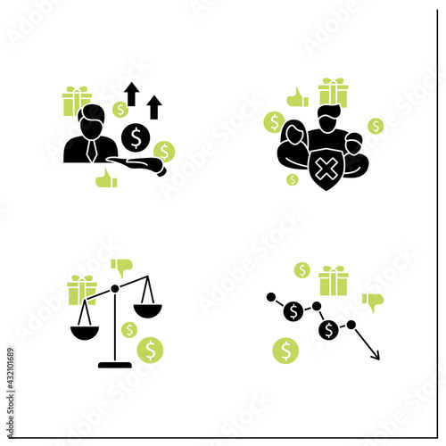 Universal basic income glyph icons set. Inequality, runaway inflation, social security, new investors. Global economy concept. Filled flat signs. Isolated silhouette vector illustrations