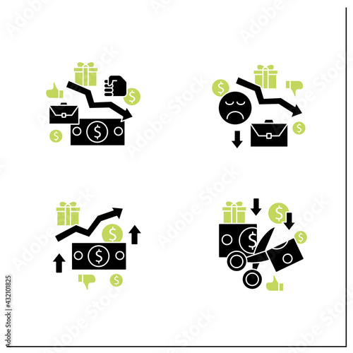 Universal basic income glyph icons set. Higher tax, less spending, reduce work motivation, low wages. Inequality and inflation.Filled flat signs. Isolated silhouette vector illustrations