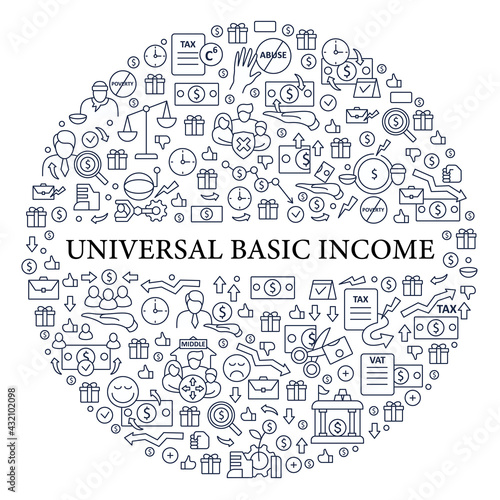 Universal basic income circle poster. Tax declaration, economic growth. Inequality and inflation. Global economy concept.Isolated vector template
