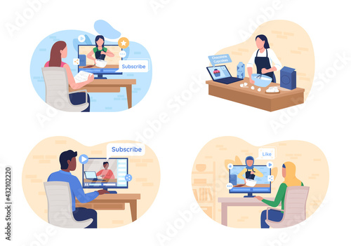 Watching online tutorial 2D vector web banner, poster set. People watch course. E learning flat characters on cartoon background. Internet workshop printable patch, colorful web element collection
