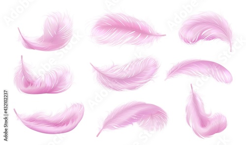 Falling pink fluffy twirled feather set, isolated Goose feathers realistic style, vector 3d illustration.