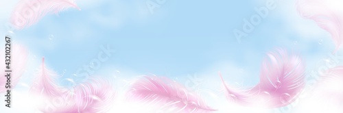 Soap foam with bubbles and pink feathers banner. Cleanliness concept, wash, cleaning vector 3d illustration.