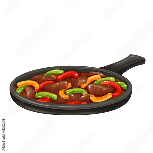 Beef Fajitas with colorful bell peppers in pan vecor icon. Traditional mexican dish illustration.