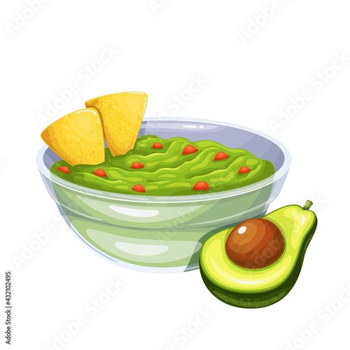 Avocado guacamole salsa with tortilla chips nachos and half avocado vector illustration.