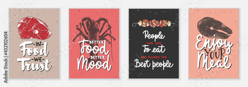 Set of 4 advertising and inspirational  food and eating lettering posters, decoration, prints, t-shirt design. Hand drawn restaurant typography with sketches. Mono line calligraphy.