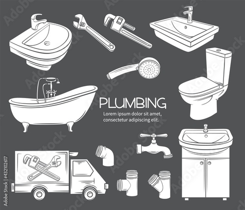 Plumbing icons. White on black glyph shower, bathroom sink, toilet, sanitary wrench and tap for house plumbing promotion design. Stamp, vector illustration.