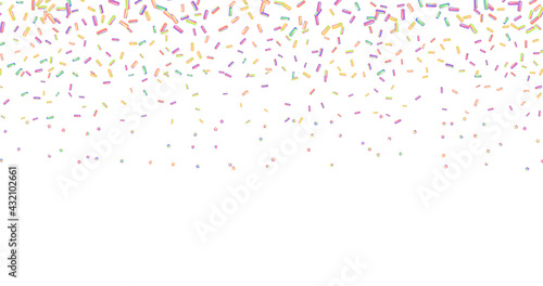 Sprinkle with grains of desserts. Abstract pattern with realistic colorful sweet grains on white background. Design for holiday designs, party, birthday, invitation. Vector 3d sweet confetti