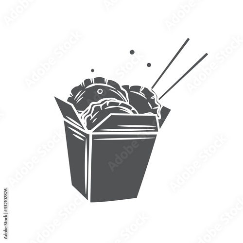 Dumplings in chinese carton box with chopsticks glyph monochrome icon for chunese menu restaurant or cafe design.