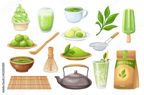 Matcha tea ceremony icons set. Japanese traditional matcha powder green tea, whisk, bamboo spoon, green candy truffles, latte with coconut whipped cream, tea sprig with leaves and ets.