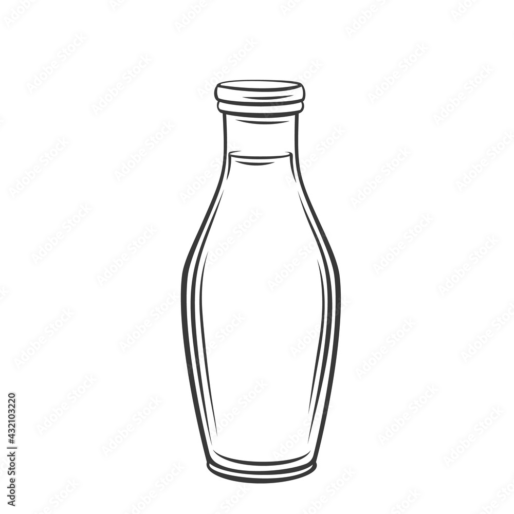 Glass bottle outline icon. Drawingn monochrome milk or dairy product vector illustration. Glass bottle outline icon. Drawingn monochrome milk or dairy product vector illustration.