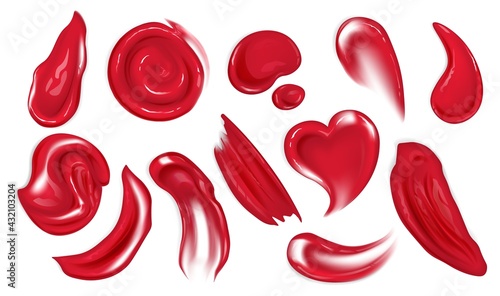 Realistic red acrylic paint smears or drops, Oil paint brush strokes, strokes isolated on transparent background. Vector 3d illustration.