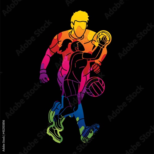 Group of Gaelic Football Male and Female Players Sport Action Cartoon Graphic Vector