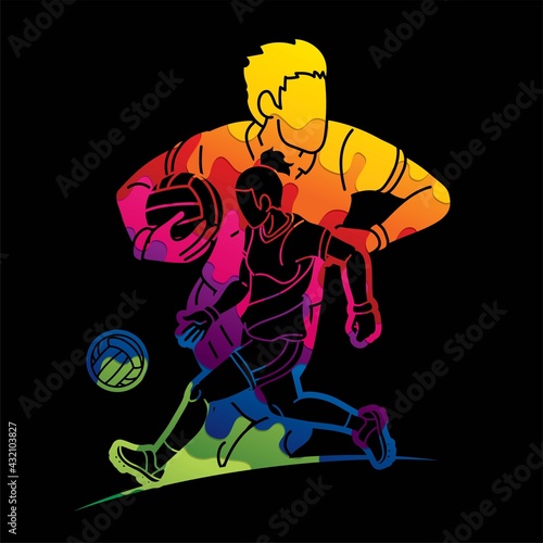 Group of Gaelic Football Male and Female Players Sport Action Cartoon Graphic Vector
