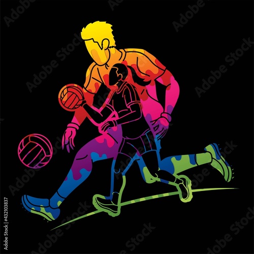 Group of Gaelic Football Male and Female Players Sport Action Cartoon Graphic Vector