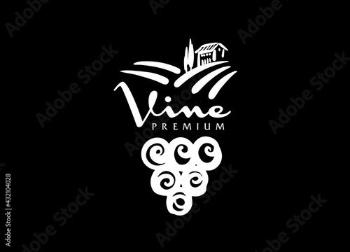 Vector logo drawn by hand. Landscape of vineyards for making wine