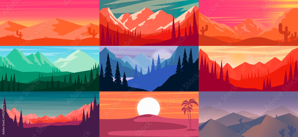 Set of cartoon mountain landscape in flat style. Mountain landscape with fir trees. Design element for poster, card, banner, flyer. Vector illustration