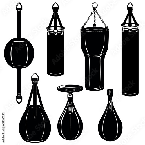 Set of Illustrations of boxing punching bags in vintage monochrome style. Design element for logo, label, sign, emblem, poster. Vector illustration