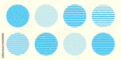 Round sea, water backgrounds set, collection. Doodle hand drawn waves, wavy stripes, curved streaks, uneven bars, lines patterns. Circle shape border, frame templates. Marine, summer design elements.