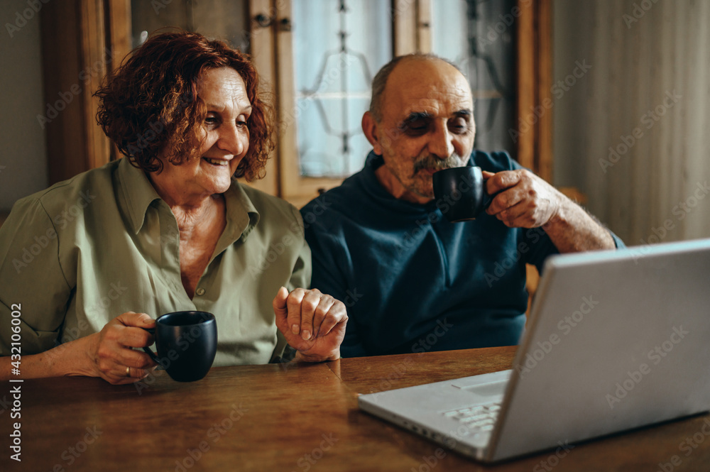 Senior couple using a laptop for a video call with their family