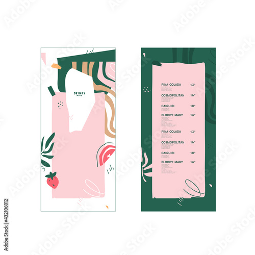 Fruit drinks menu. Tropical leaves, berries and fruits. Green, white, pink colors. Abstract shapes and line. List, layout. For a restaurant, bar or open-air cafe 