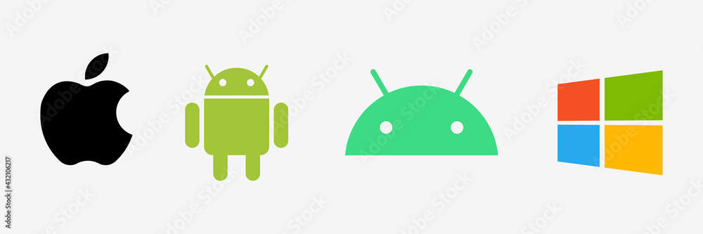 Apple, android and Windows logo. Mobile OS logo. Apple, Google android ...