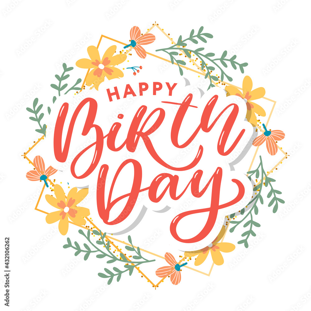 Beautiful happy birthday greeting card with flowers and bird. Vector party invitation with floral elements. Beautiful happy birthday greeting card with flowers and bird. Vector party invitation with floral elements.