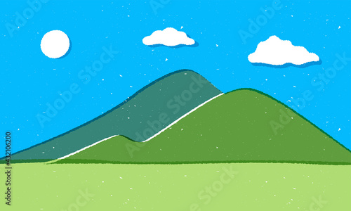 山と青空の風景のイラスト　背景　手描き風　雲　夏　田舎　テクスチャ　晴れ　バックグラウンド