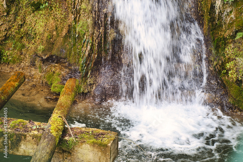 Breeding freshwater mountain trout on the old rustic farm (ribnjak) near Potpecka cave, Uzice, Serbia photo