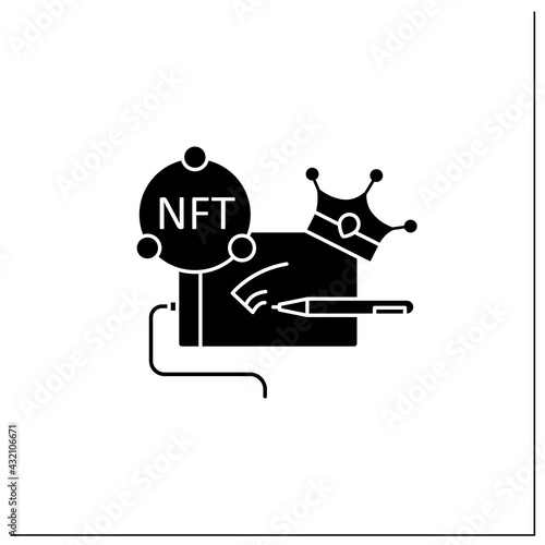 NFT digital art glyph icon.Arts with non fungible token coins. Selling.Represent digital files. Used to commodify digital creations.Filled flat sign. Isolated silhouette vector illustration