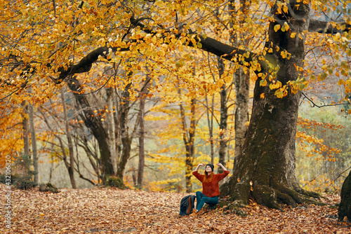 woman in autumn forest sitting under a tree with yellow leaves landscape park model