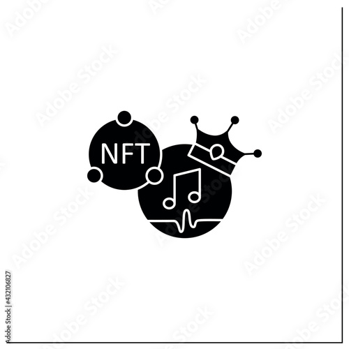 NFT music glyph icon. Music format with non fungible token coin.Represent digital files. Used to commodify digital creations.Filled flat sign. Isolated silhouette vector illustration