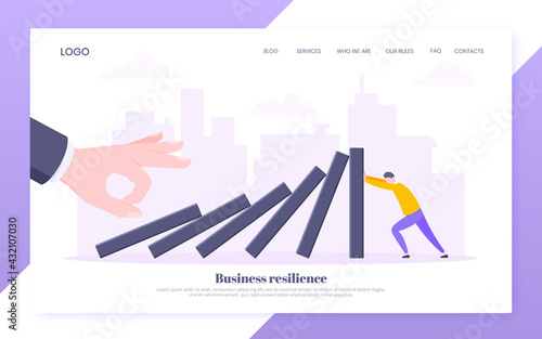 Business resilience or domino effect metaphor vector illustration. Giant hand starts chain reaction of falling domino line and businessman trying to stop it. Problem solving stopping chain reaction.