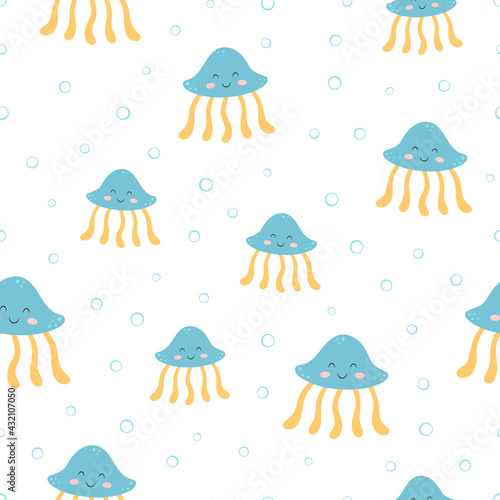seamless pattern with cartoon jellyfish, vector illustration