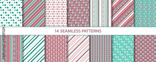 Big set of decorative seamless patterns of different geometric forms and hearts. Abstract diagonal lines, circles, stripes, polka dots. Endless repeat vector illustration for wallpaper, wrapping paper